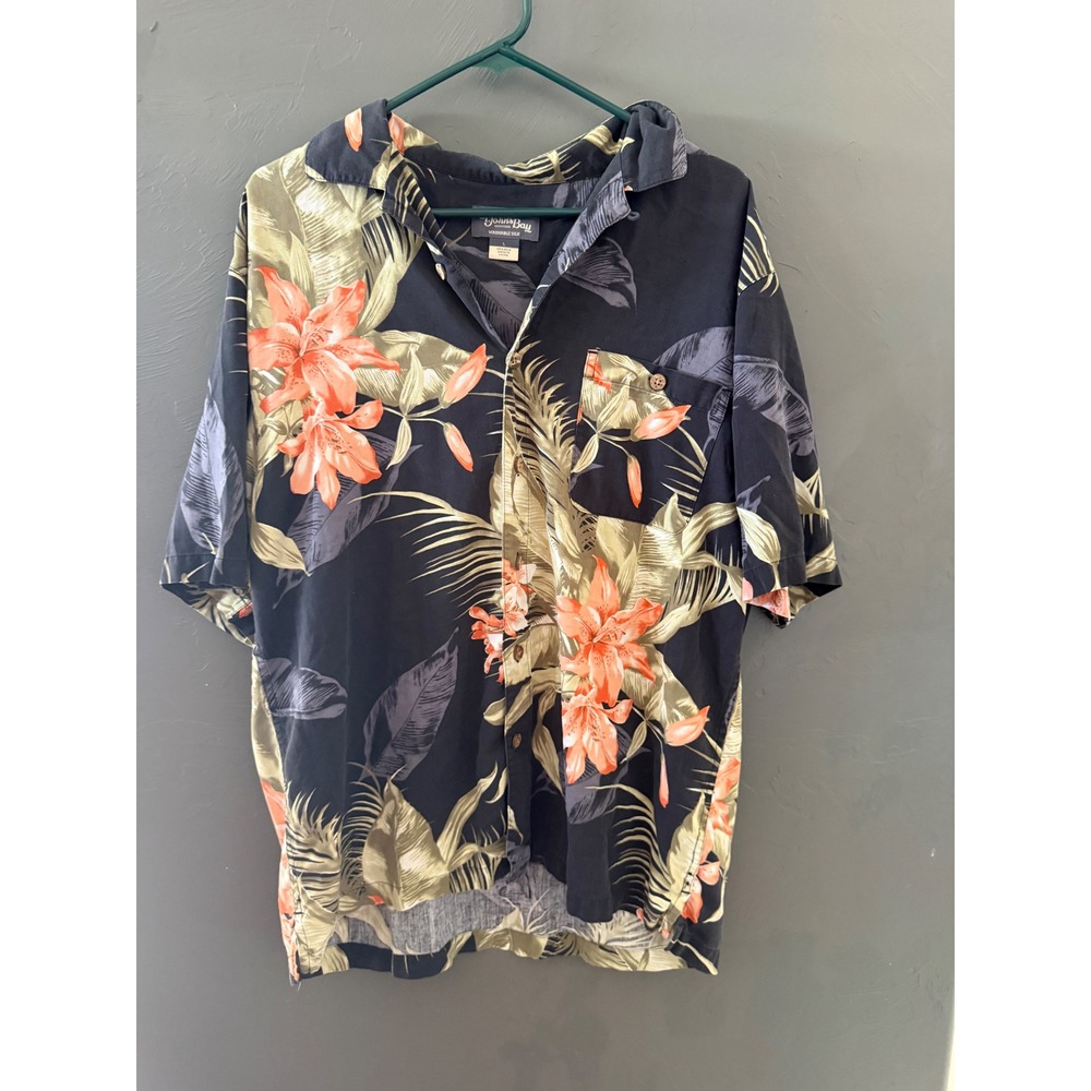 St Johns Bay Mens Large Vintage 90s Silk Tropical Floral Hawaiian Shirt Navy